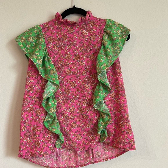 KARLIE floral vintage ditzy ruffle top in pink/green - Picture 4 of 9